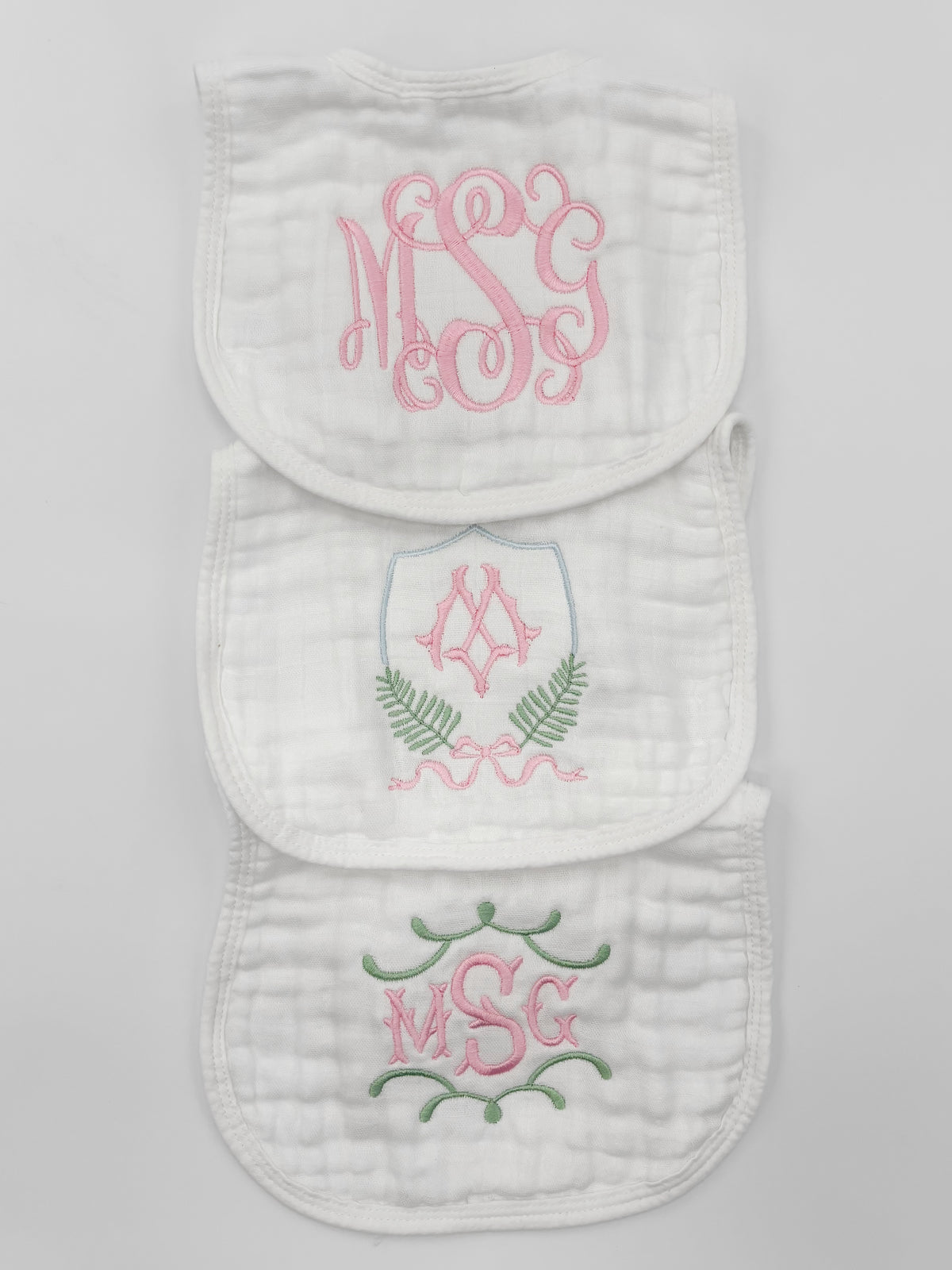 Classic Monogrammed Crest Muslin Baby Girl Bib and Burp Cloth Set