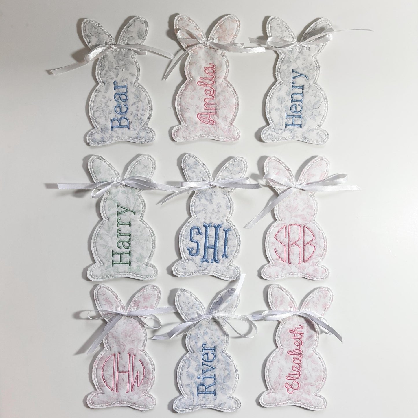 Custom Embroidered Easter Bunny Basket Tag, Personalized Name or Monogram, Swiss Dot, Pastel Gingham or Toile Pattern