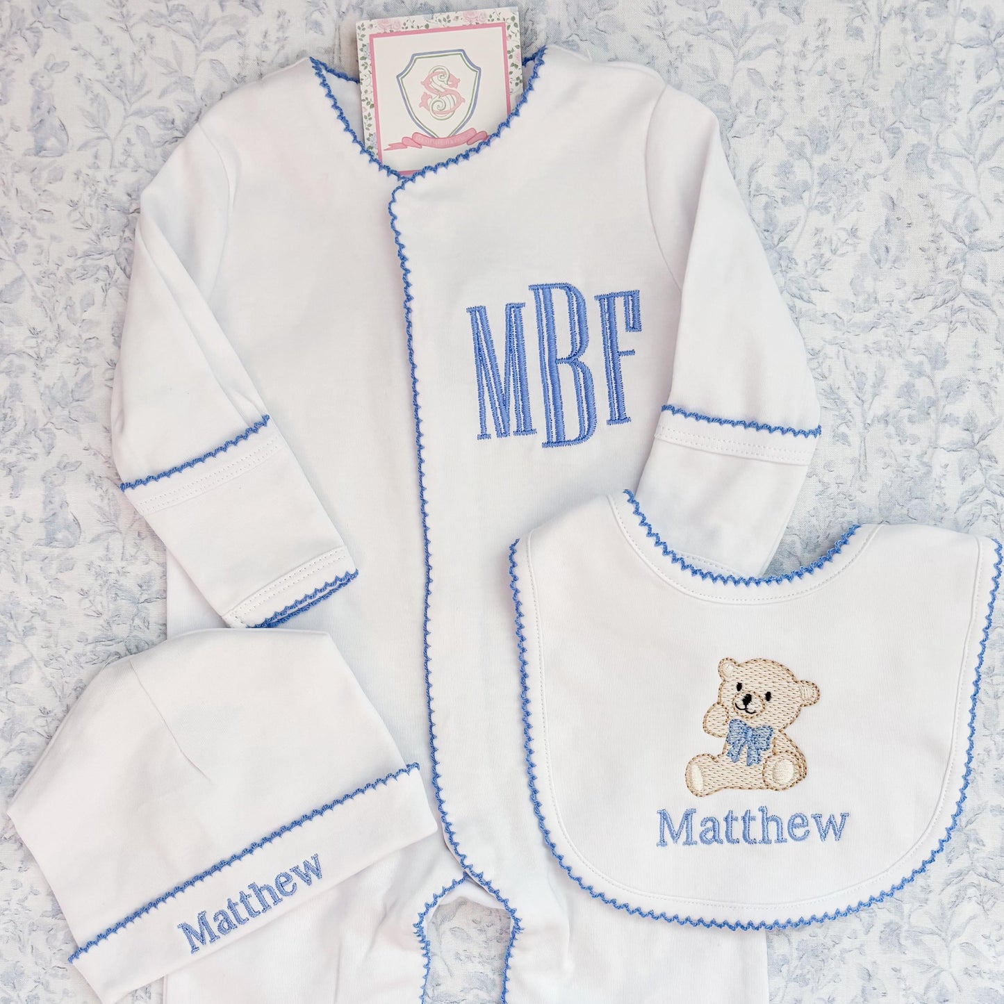 Newborn Boy Coming Home Outfit, Custom Embroidered Monogram Sleeper, Hat & Bear Bib with Blue Picot Trim, Personalized Baby Boy Gift