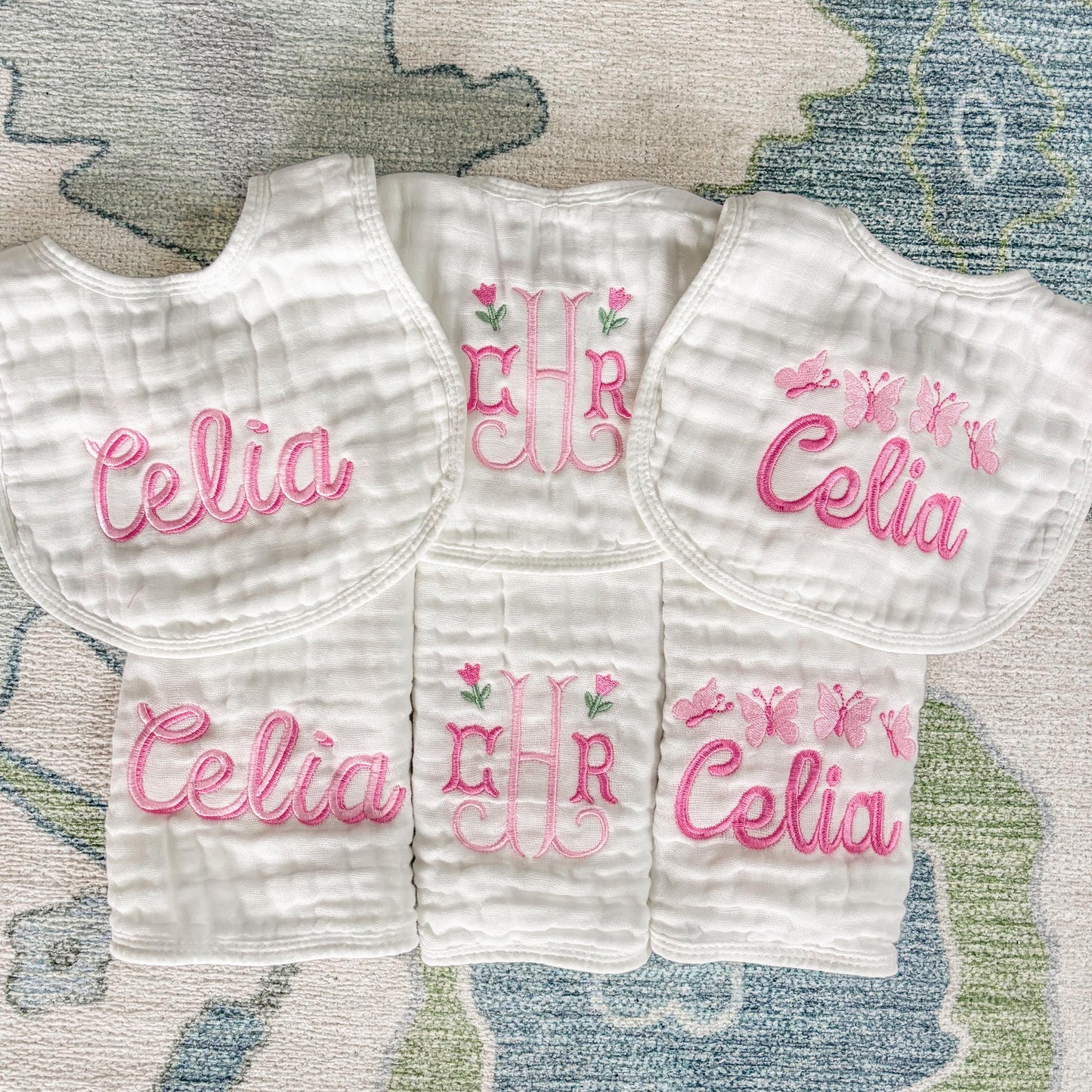 Custom Embroidered Muslin Baby Girl Burp Cloths and Bibs, Monogrammed Newborn Gift, Applique, Pink Butterflies and Floral Designs