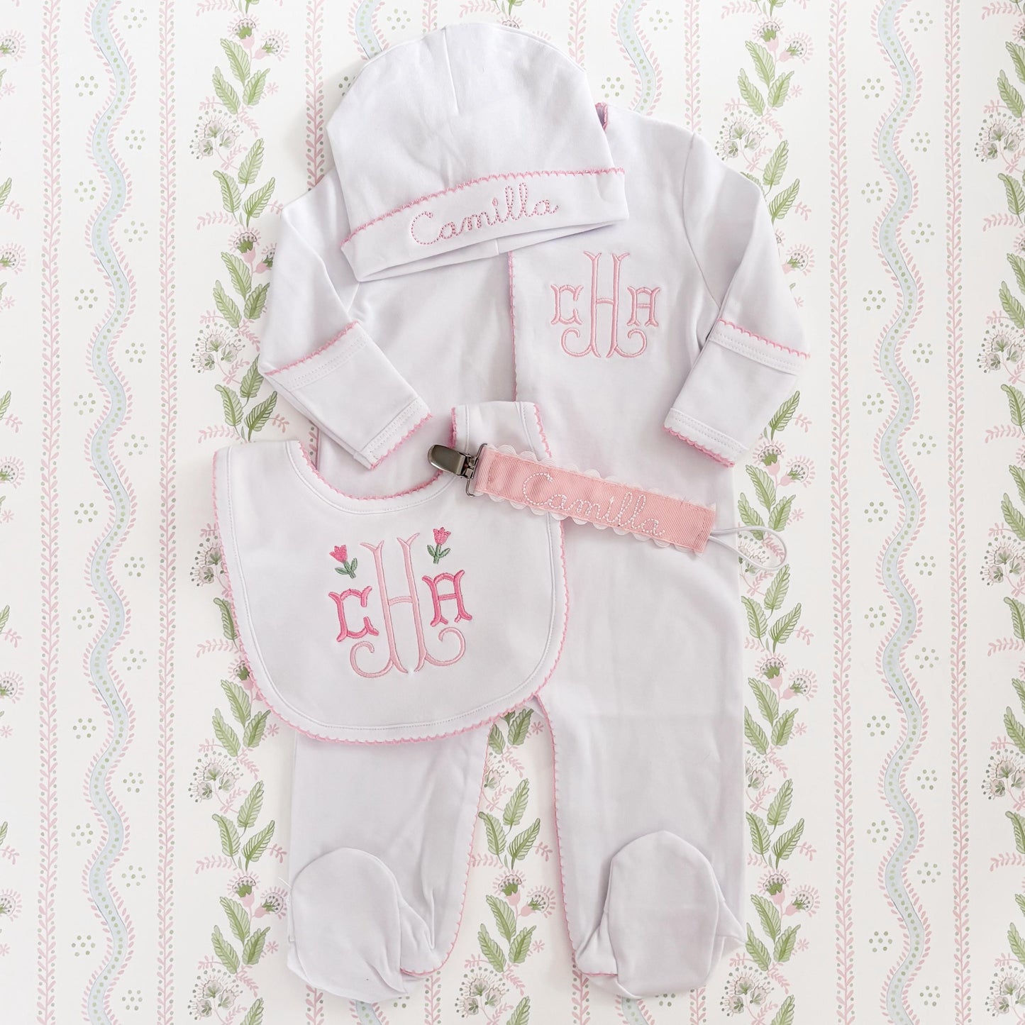 Newborn Girl Coming Home Outfit, Custom Embroidered Monogram with Flowers Sleeper, Hat & Bib, Pink Picot Trim, Baby Girl Gift
