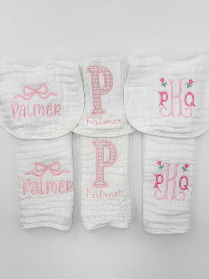 Baby Girl  Custom Embroidered Muslin Bibs and Burp Cloths