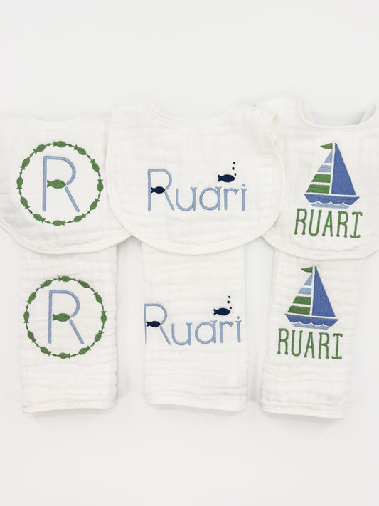 Nautical Baby Boy Muslin Bibs and Burp Cloth Set