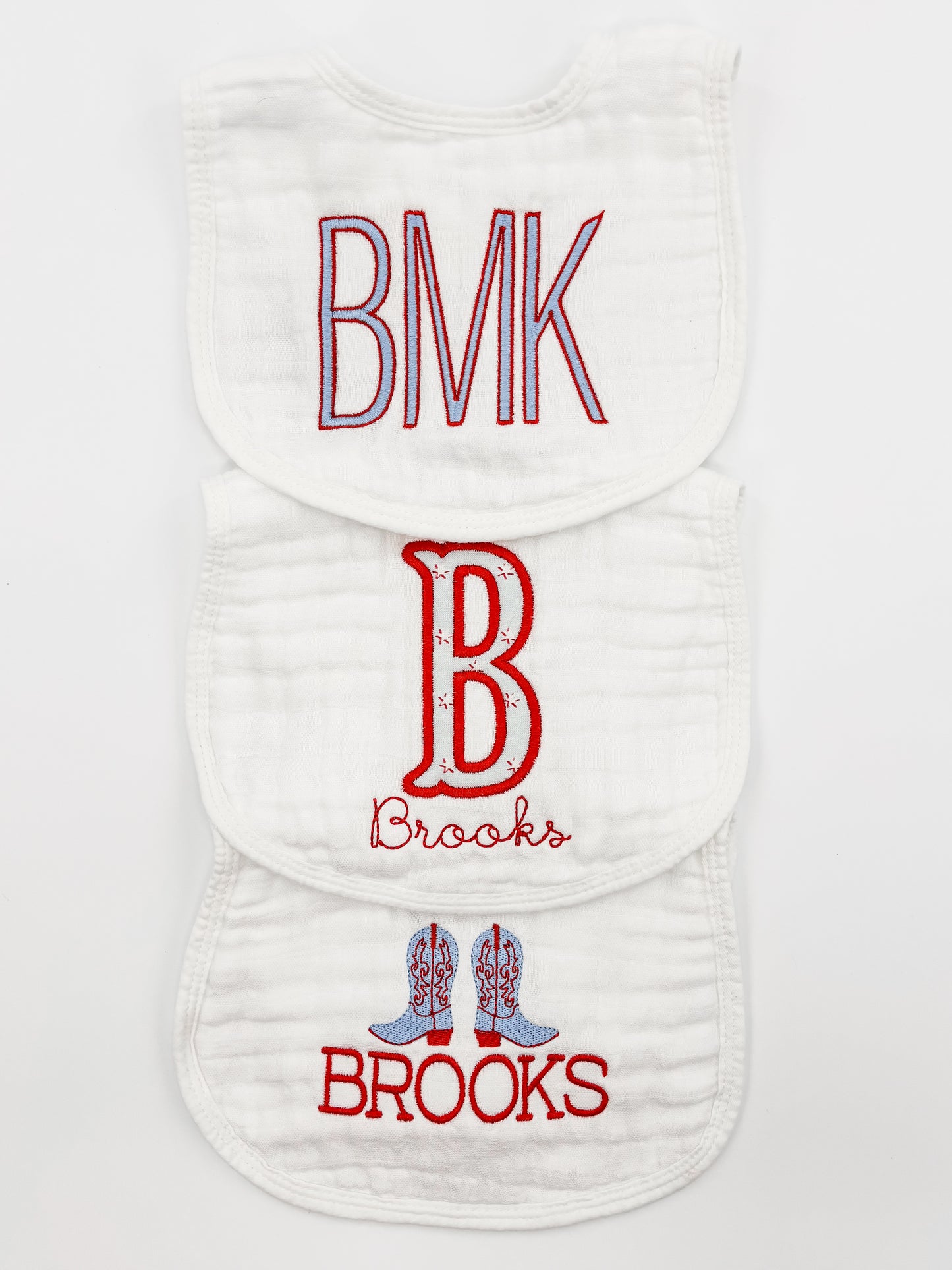 Baby Boy Custom Embroidered  Muslin Bibs and Burp Cloths