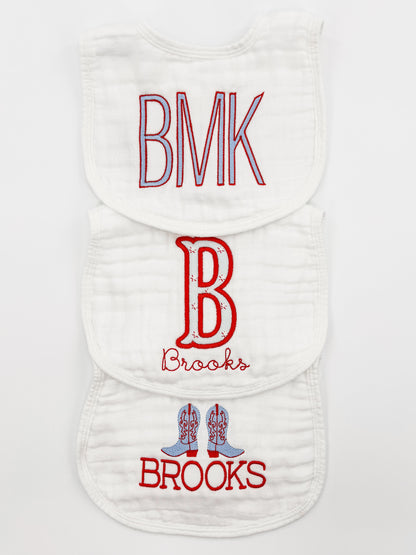 Baby Boy Custom Embroidered  Muslin Bibs and Burp Cloths