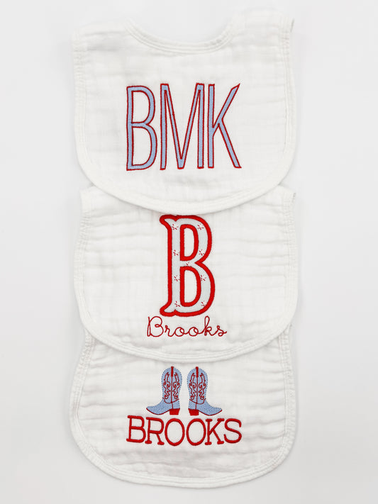 Red & Blue Cowboy Stars Baby Boy Muslin Bibs and Burp Cloth Set