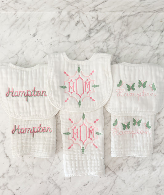 Pink and Green Butterfly Baby Girl Muslin Bib and Burp Cloth Set