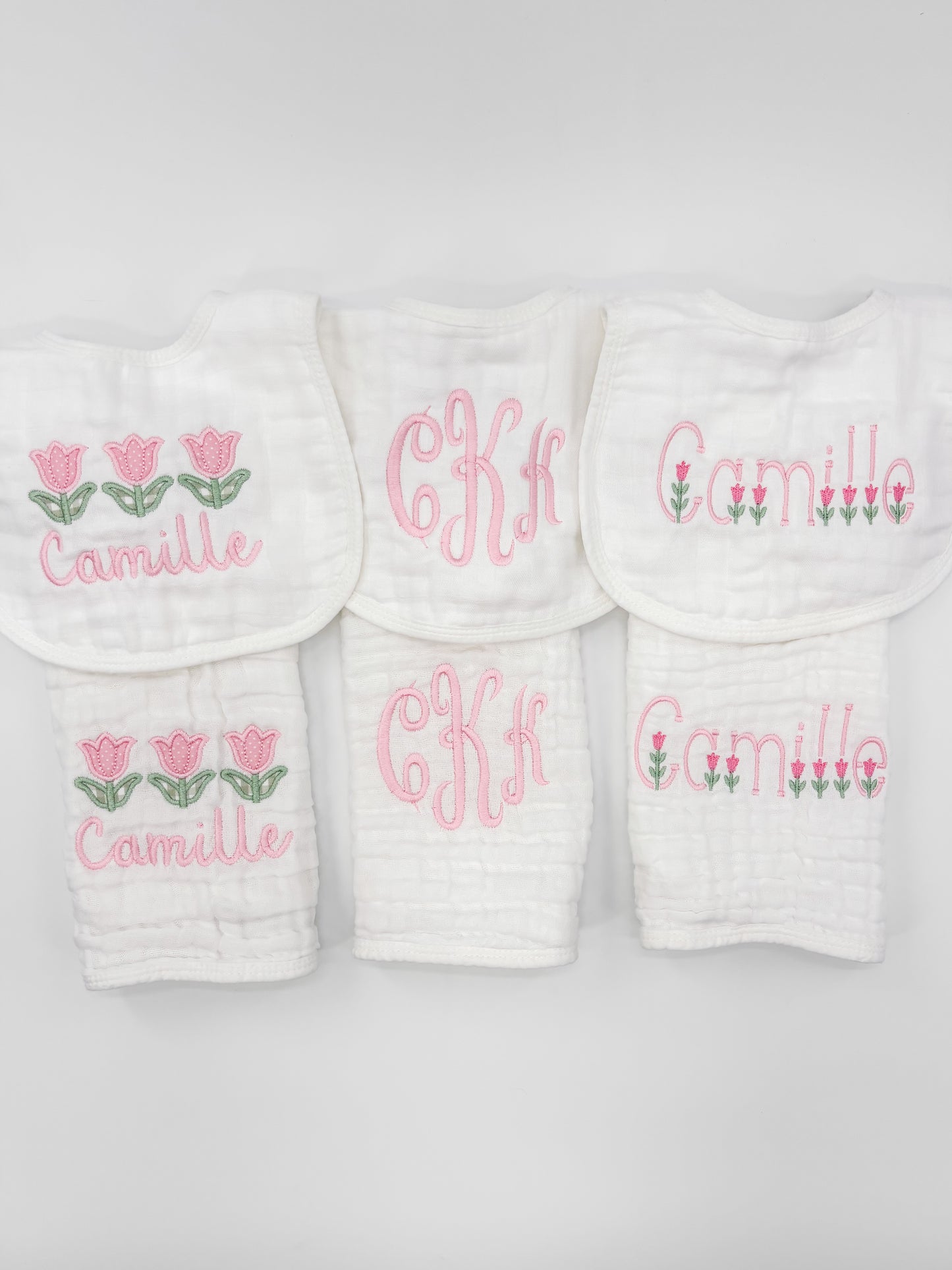 Baby Girl  Custom Embroidered Muslin Bibs and Burp Cloths