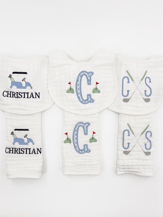 Golf Theme Baby Boy Muslin Bibs and Burp Cloth Set