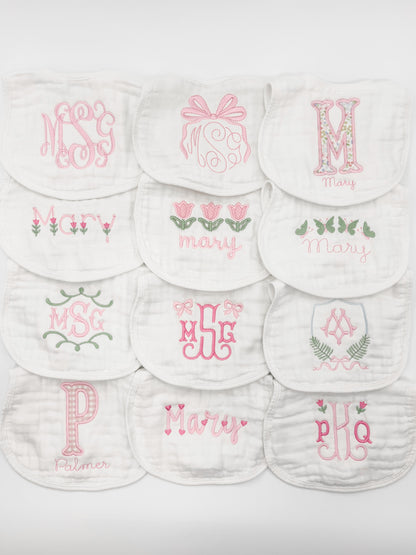 Baby Girl  Custom Embroidered Muslin Bibs and Burp Cloths