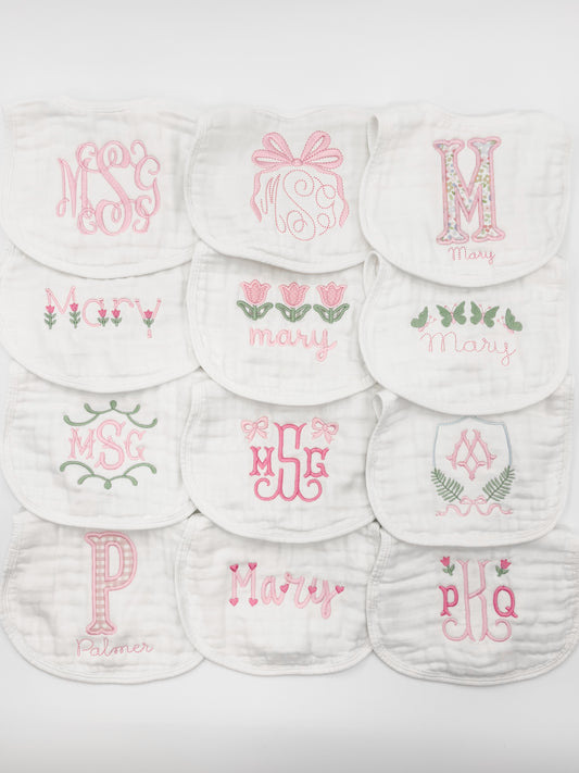 Baby Girl  Custom Embroidered Muslin Bibs and Burp Cloths