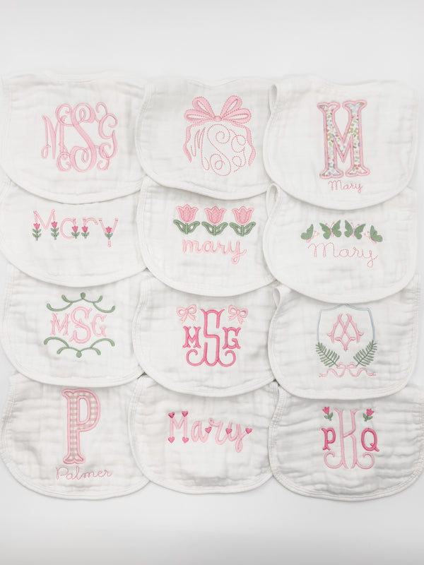 Baby Girl  Custom Embroidered Muslin Bibs and Burp Cloths