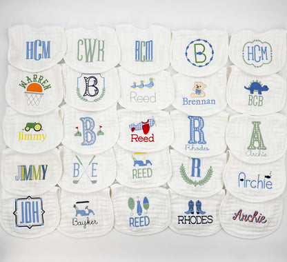 Baby Boy Custom Embroidered  Muslin Bibs and Burp Cloths