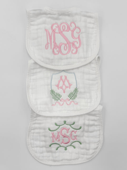 Classic Monogrammed Crest Muslin Baby Girl Bib and Burp Cloth Set
