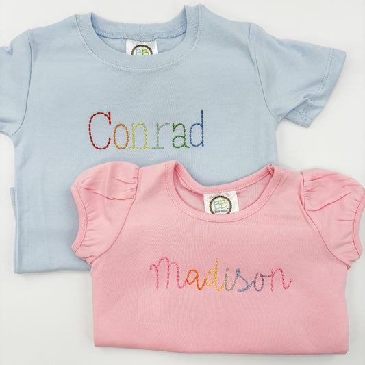 Rainbow Name Kids T-Shirt: Hand-Stitched Look