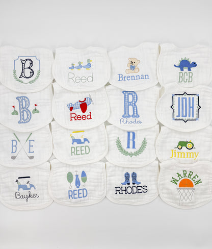 Baby Boy Custom Embroidered  Muslin Bibs and Burp Cloths