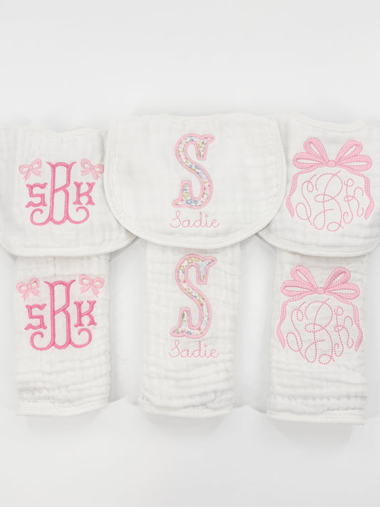 Bow Accent Baby Girl Muslin Bibs and Burp Cloth Set