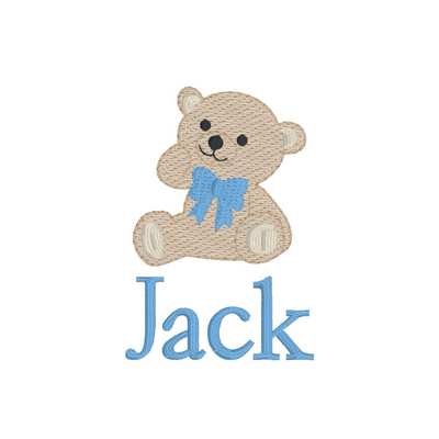 Embroidered teddy bear with a blue bow tie and the name 'Jack' below on a white background.