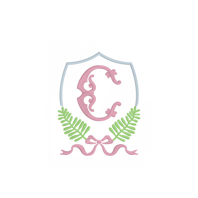 Decorative emblem with a pink letter 'S', green leaves, and a pink ribbon on a white background