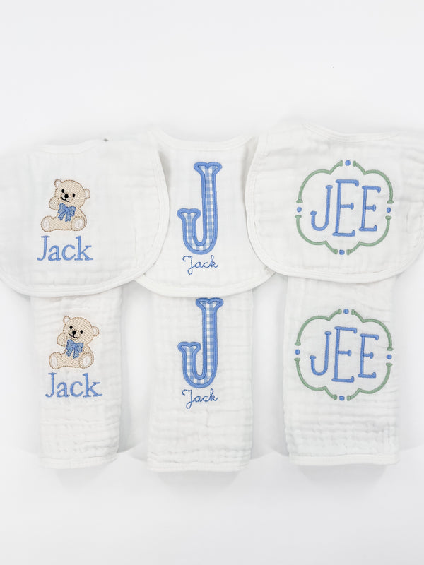 Bear Custom Embroidered Baby Boy Muslin Bib and Burp Cloth Set