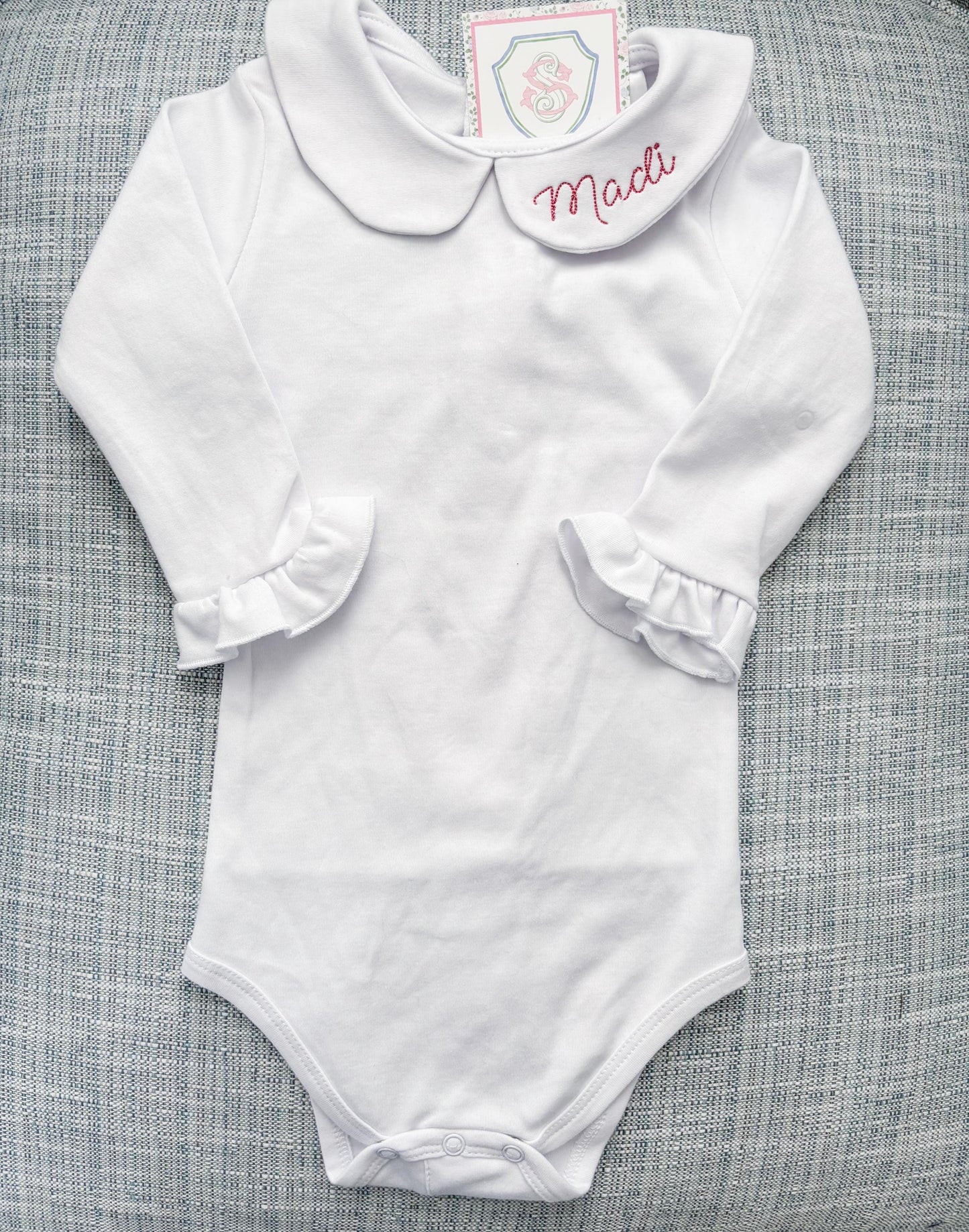 Custom Name Monogram Peter Pan Collar Long Sleeve Ruffle Shirt & Onesie for Little Girls, Toddler, and Baby