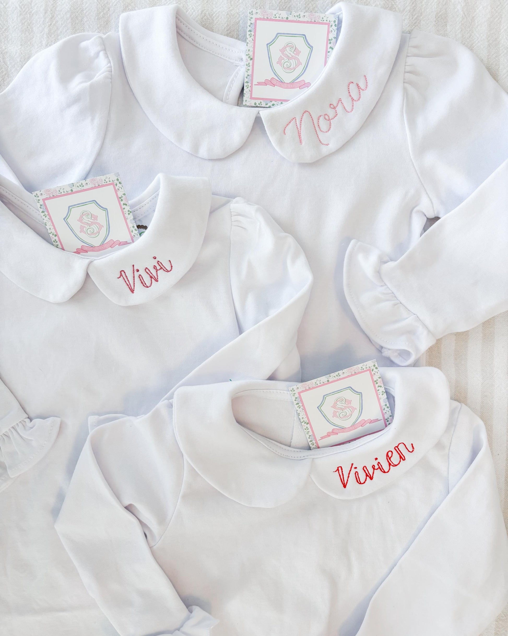 Custom Name Monogram Peter Pan Collar Long Sleeve Ruffle Shirt & Onesie for Little Girls, Toddler, and Baby