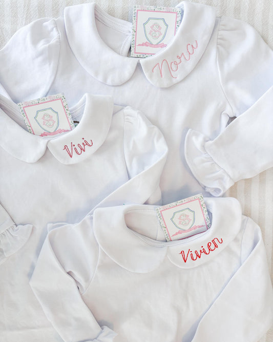 Custom Name Monogram Peter Pan Collar Long Sleeve Ruffle Shirt & Onesie for Little Girls, Toddler, and Baby