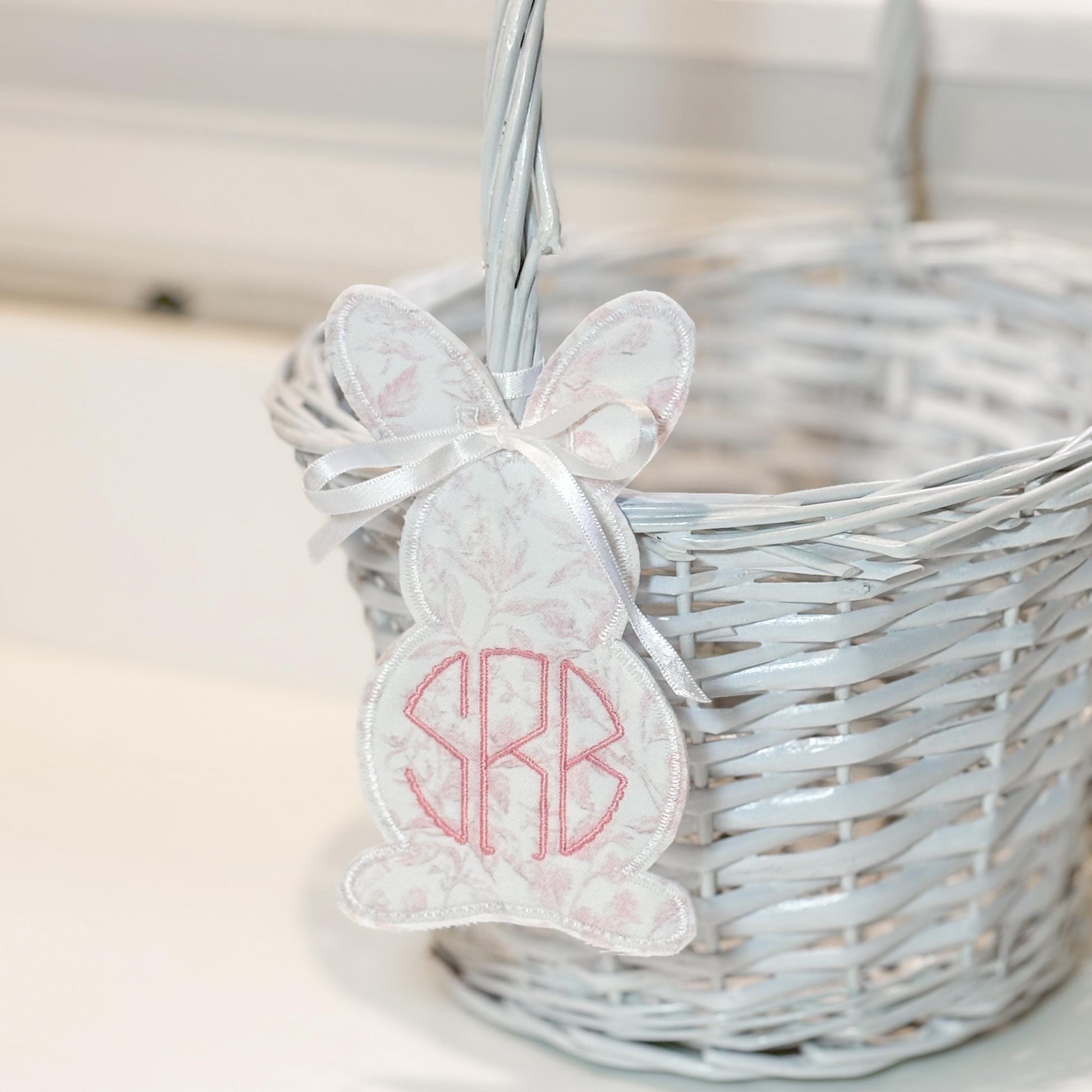 Custom Embroidered Easter Bunny Basket Tag, Personalized Name or Monogram, Swiss Dot, Pastel Gingham or Toile Pattern