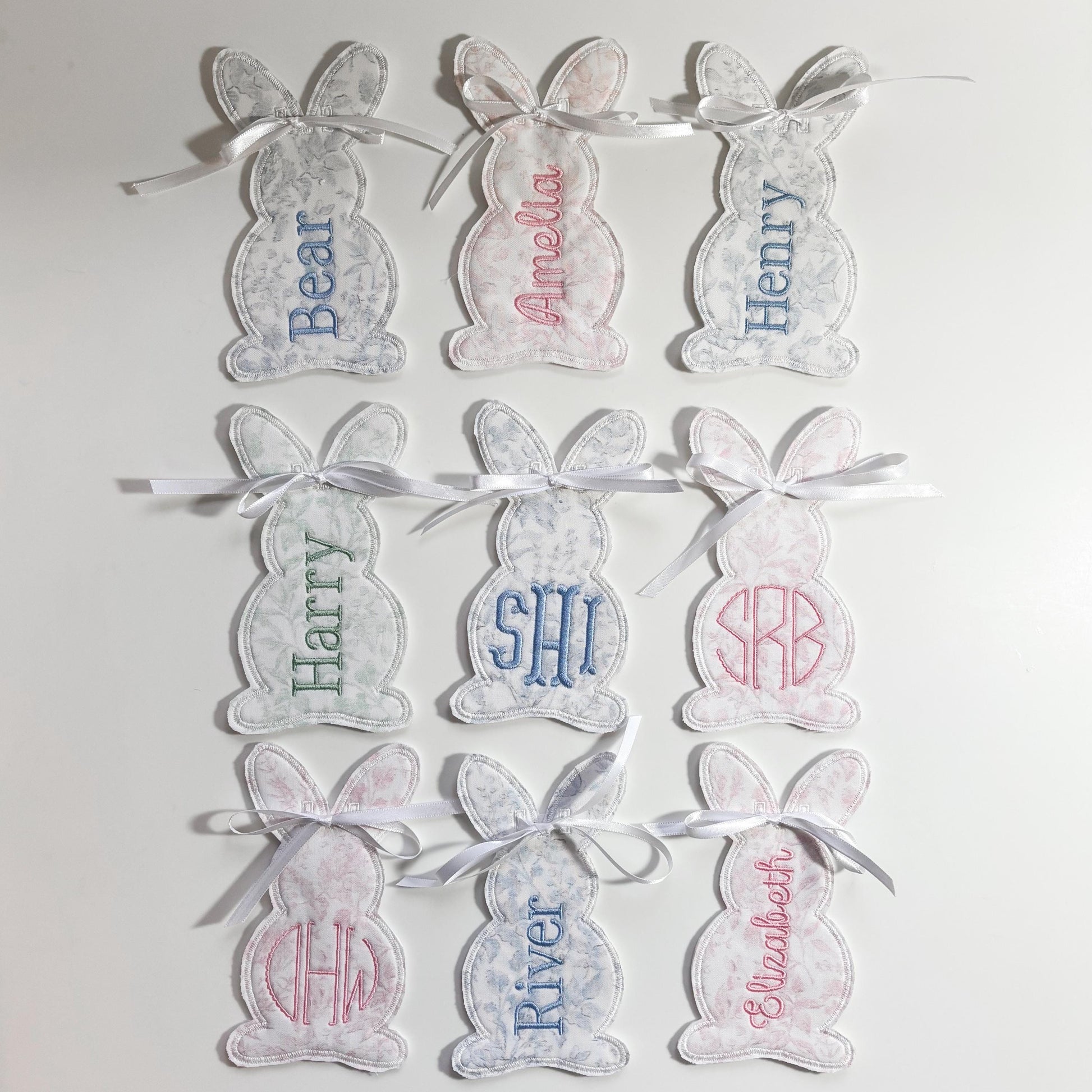 Custom Embroidered Easter Bunny Basket Tag, Personalized Name or Monogram, Swiss Dot, Pastel Gingham or Toile Pattern
