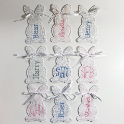 Custom Embroidered Easter Bunny Basket Tag, Personalized Name or Monogram, Swiss Dot, Pastel Gingham or Toile Pattern
