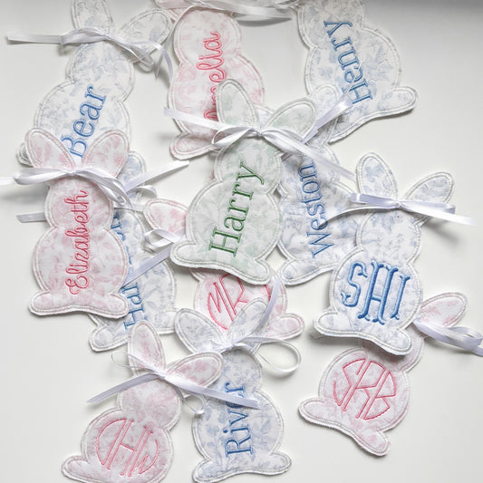 Custom Embroidered Easter Bunny Basket Tag, Personalized Name or Monogram, Swiss Dot, Pastel Gingham or Toile Pattern