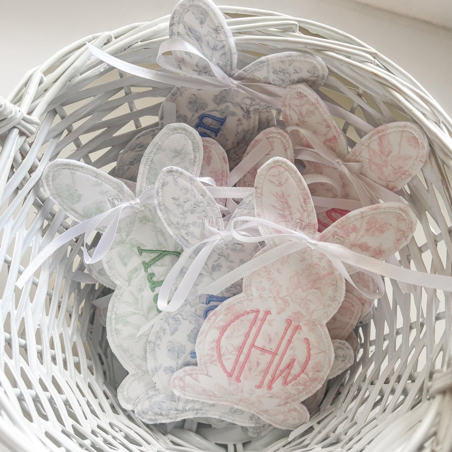 Custom Embroidered Easter Bunny Basket Tag, Personalized Name or Monogram, Swiss Dot, Pastel Gingham or Toile Pattern