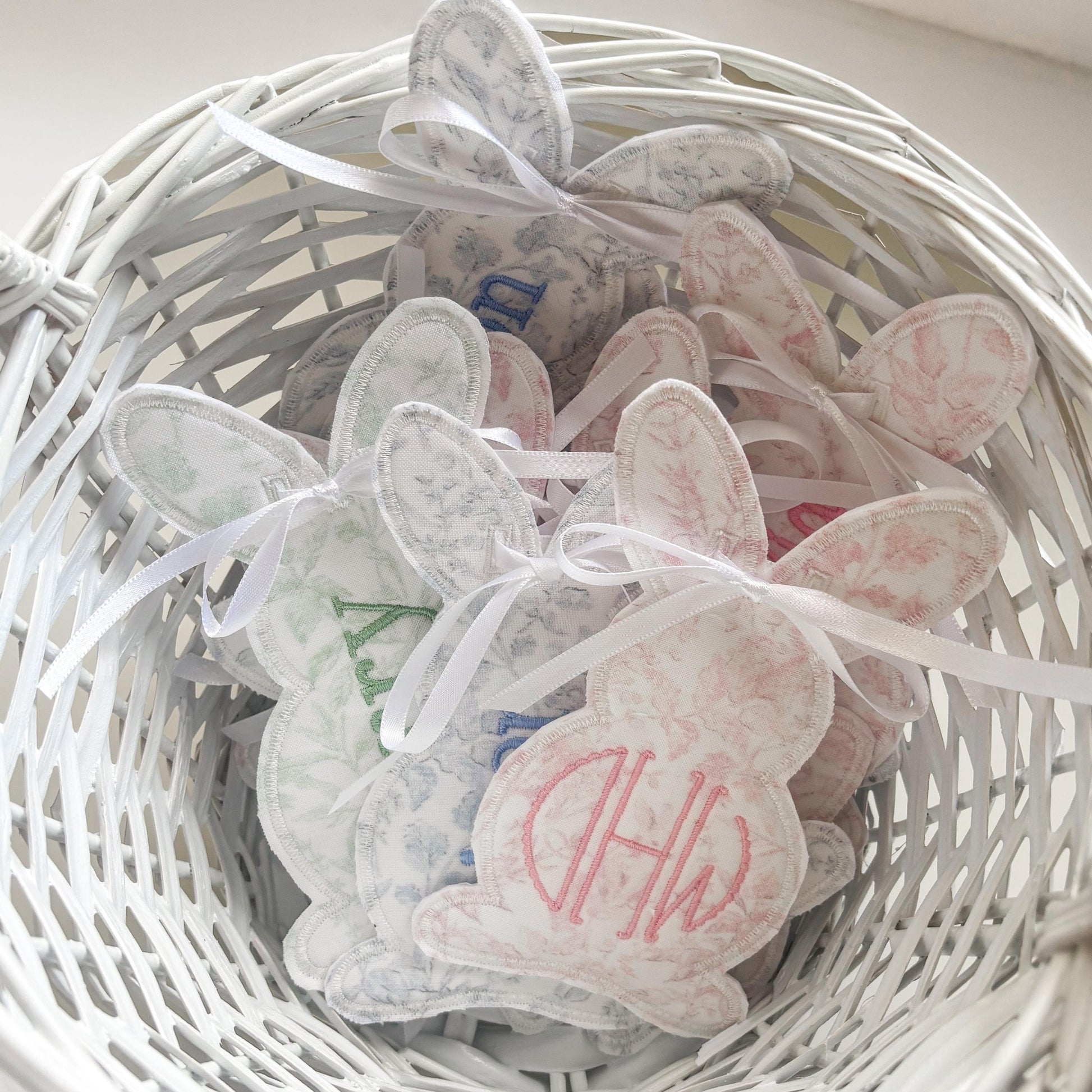 Custom Embroidered Easter Bunny Basket Tag, Personalized Name or Monogram, Swiss Dot, Pastel Gingham or Toile Pattern