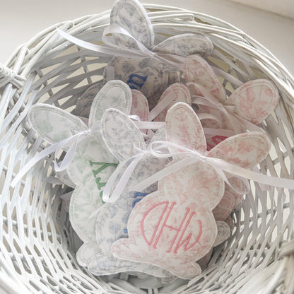 Custom Embroidered Easter Bunny Basket Tag, Personalized Name or Monogram, Swiss Dot, Pastel Gingham or Toile Pattern
