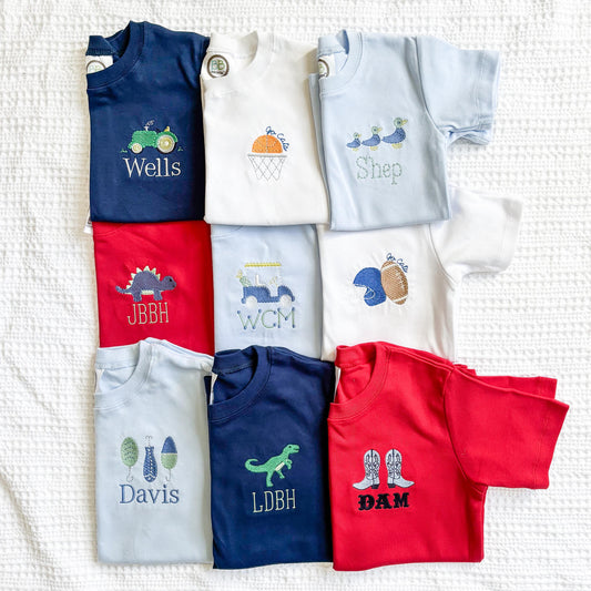 Custom Embroidered Boy's T-Shirt: Train, Dinosaur, Sports Monogram
