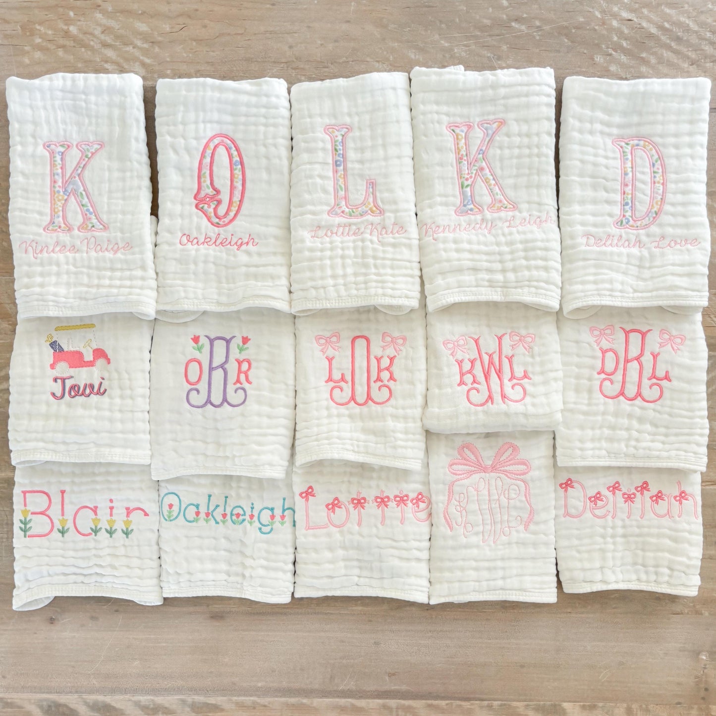 Custom Embroidered Muslin Baby Girl Burp Cloths and Bibs, Monogrammed Newborn Gift, Applique, Pink Bows and Floral Designs