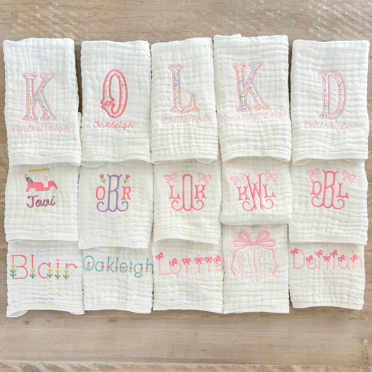 Custom Embroidered Muslin Baby Girl Burp Cloths and Bibs, Monogrammed Newborn Gift, Applique, Pink Bows and Floral Designs