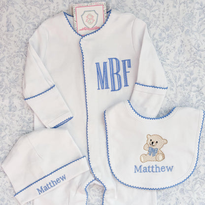 Newborn Boy Coming Home Outfit, Custom Embroidered Monogram Sleeper, Hat & Bear Bib with Blue Picot Trim, Personalized Baby Boy Gift