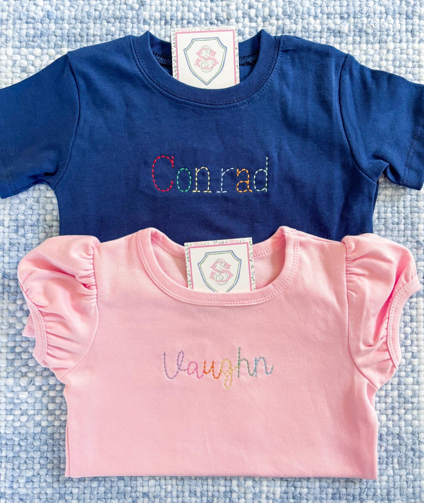 Custom Rainbow Name Kids and Baby T-Shirt or Bubble: Hand-Stitched Look