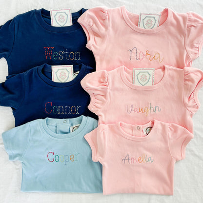 Custom Rainbow Name Kids and Baby T-Shirt or Bubble: Hand-Stitched Look