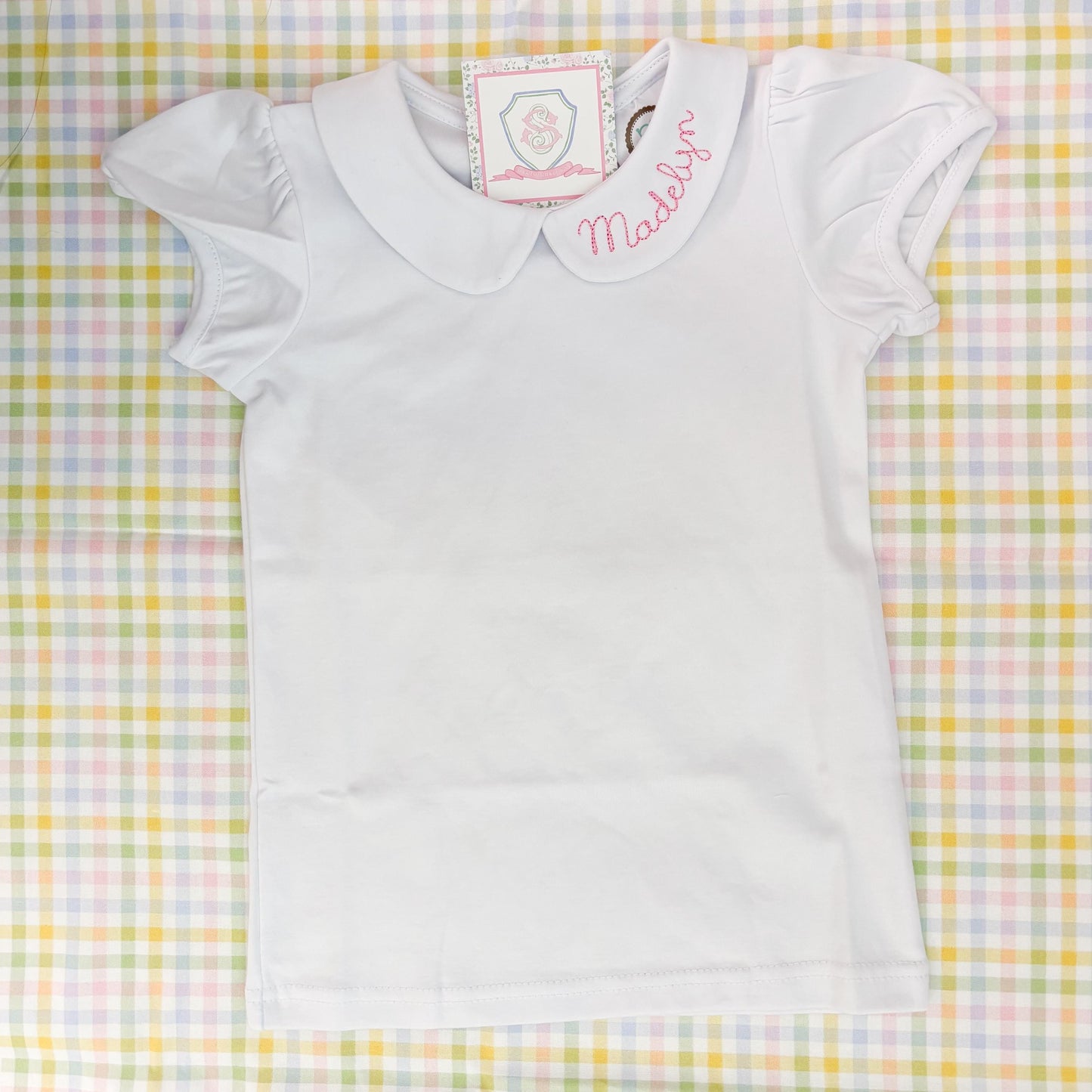 Custom Name Monogram Peter Pan Collar Short Sleeve Shirt for Little Girls | Shirt For Under Dresses