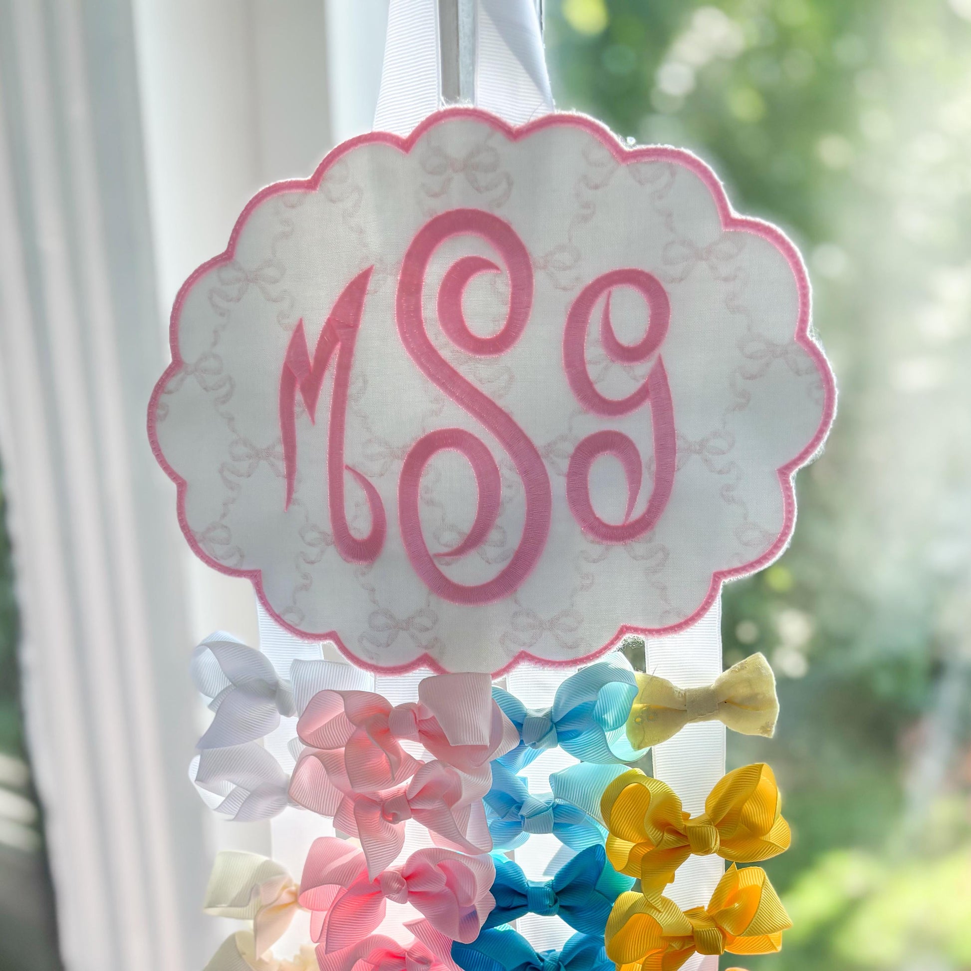 Embroidered Monogram Bow Holder: Scalloped Nursery Organizer