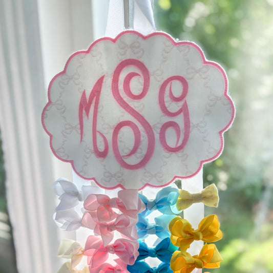 Embroidered Monogram Bow Holder: Scalloped Nursery Organizer