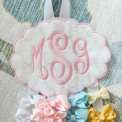 Embroidered Monogram Bow Holder: Scalloped Nursery Organizer