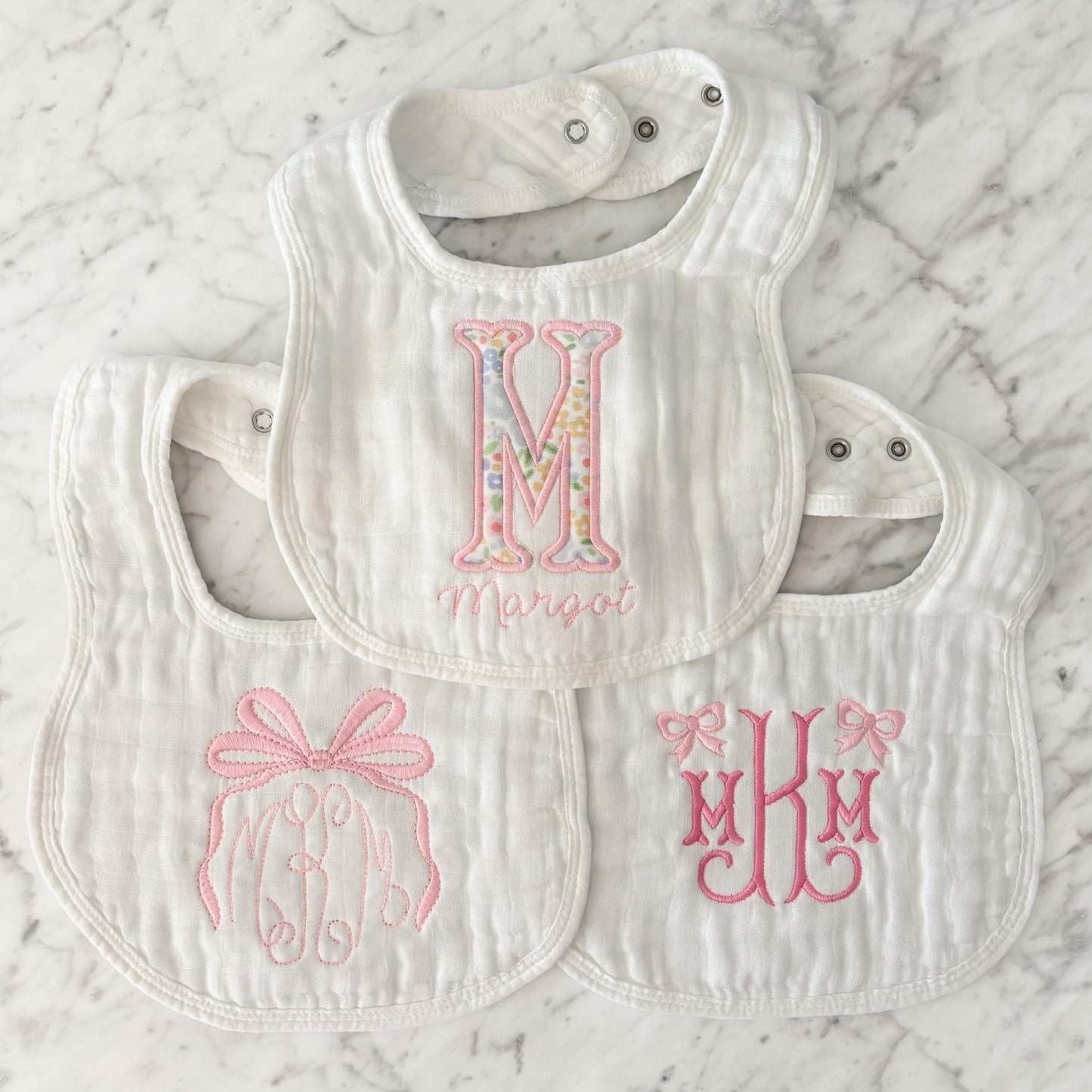 Custom Embroidered Baby Girl Muslin Bibs and Burp Cloths, Monogrammed Newborn Gift, Pink Bows and Floral Designs
