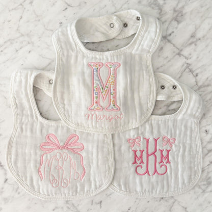Custom Embroidered Baby Girl Muslin Bibs and Burp Cloths, Monogrammed Newborn Gift, Pink Bows and Floral Designs