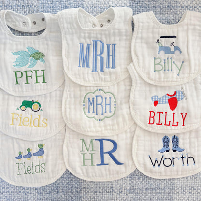 Custom Embroidered Baby Boy Muslin Bibs and Burp Cloths, Personalized Monogrammed Newborn Gift