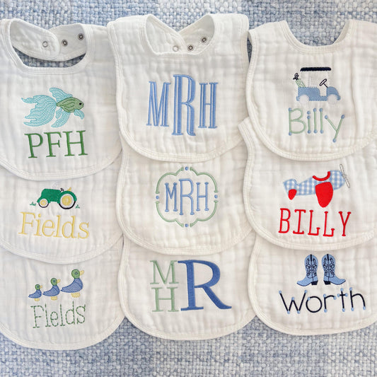 Custom Embroidered Baby Boy Muslin Bibs and Burp Cloths, Personalized Monogrammed Newborn Gift