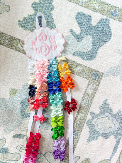 Embroidered Monogram Bow Holder: Scalloped Nursery Organizer