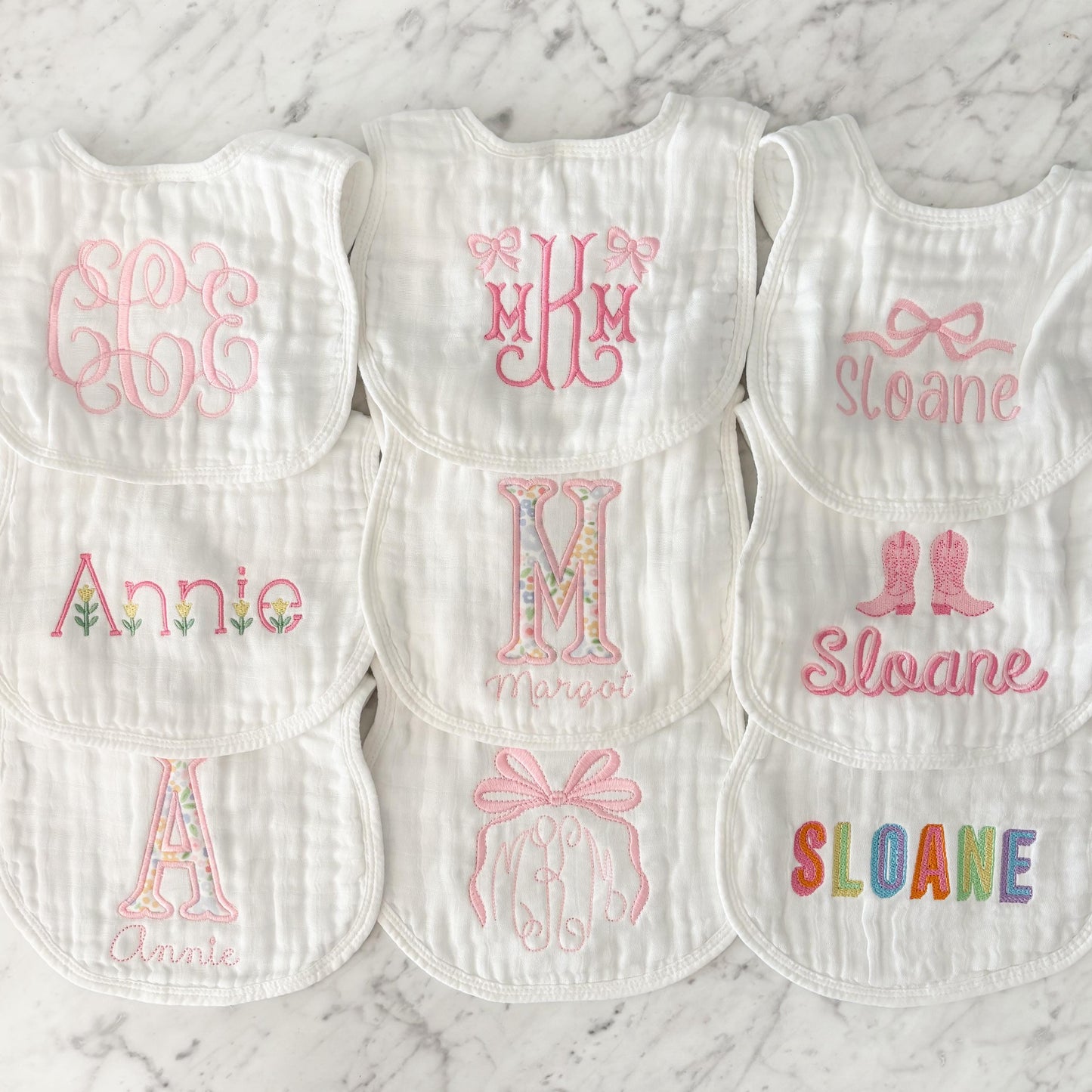Custom Embroidered Baby Girl Muslin Bibs and Burp Cloths, Monogrammed Newborn Gift, Pink Bows and Floral Designs